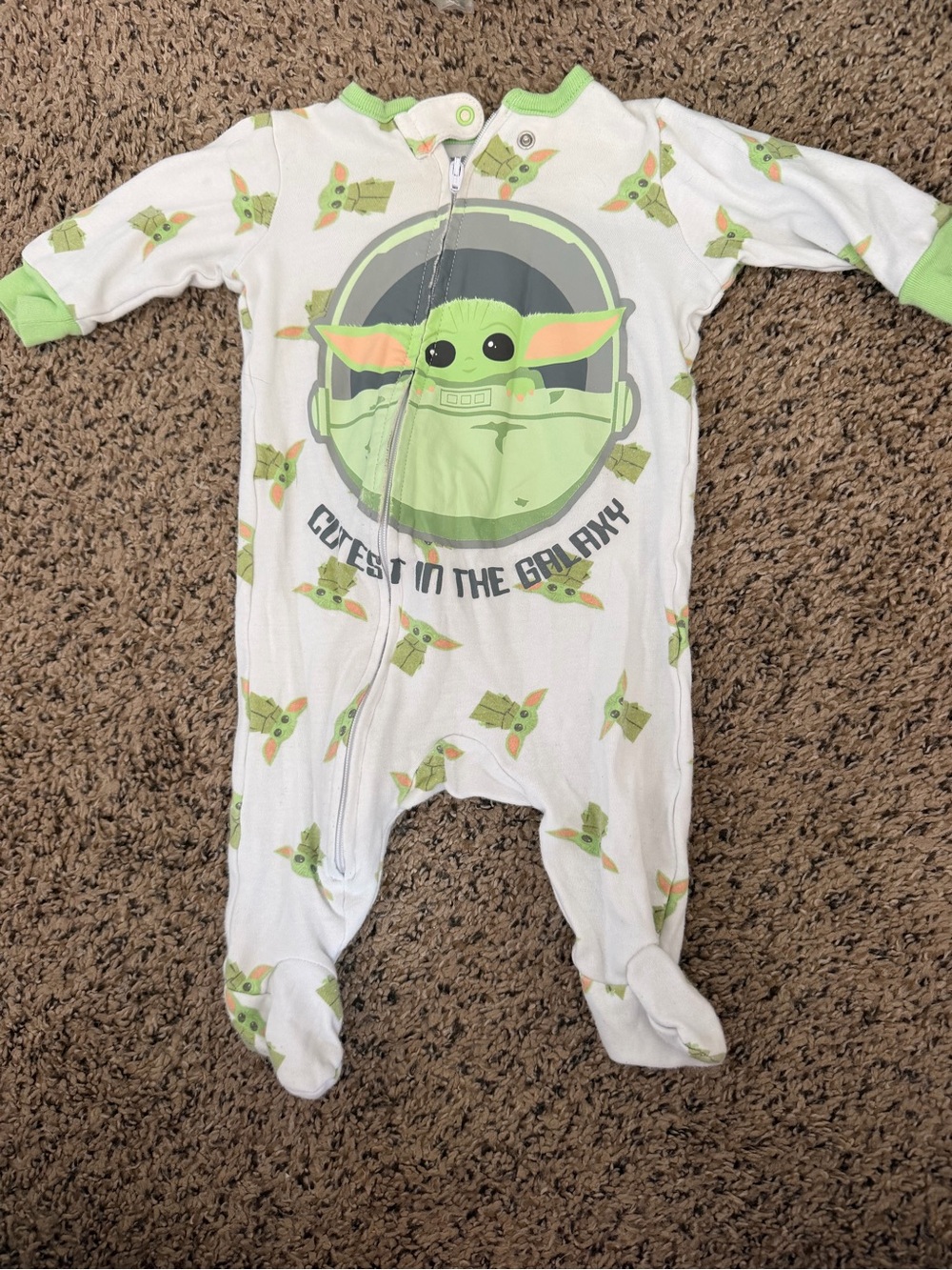 Baby One-Piece Footed Pajamas - White & Lime Green Baby Yoda Print